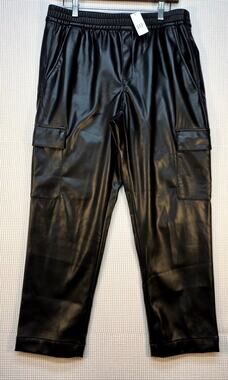 GAP Black Faux Vegan Leather Cargo Pants Medium Elastic Waist NWT